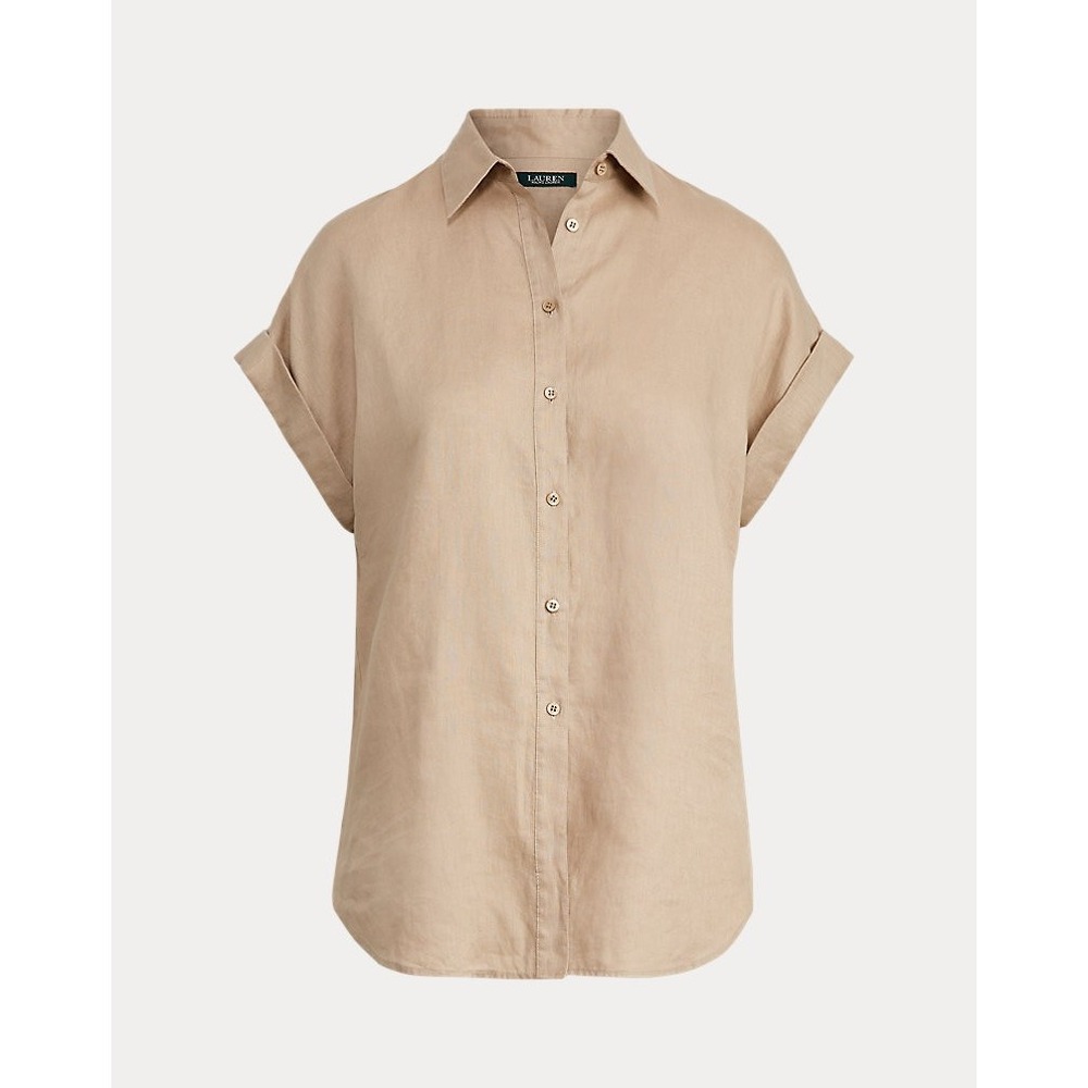 Lauren Ralph Lauren Tan 100% Linen Short Sleeve Button Down Shirt Women Medium